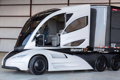 The tractor of the Walmart Advanced Vehicle Experience (WAVE) concept truck features advanced aerodynamics, a centered driver’s seat, a comfortable full size sleeper and a customizable electronic dashboard. (Wal-Mart Stores Inc.)