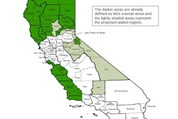 The areas highlighted in green represent NOx exempt counties and proposed NOx exempt counties where trucks could run compliantly until Jan. 1, 2015, with pre-2006 model trucks, if proposed changes to CARB’s emissions regs are finalized later this year.