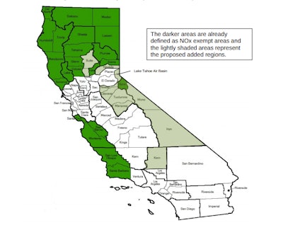 The areas highlighted in light green represent NOx exempt counties where trucks can now run compliantly until Jan. 1, 2015, with pre-2006 model engines.