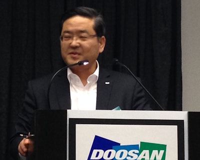 Dan Rim, senior vice president of sales, Doosan Engine Business Group, talks about the company’s latest engine launches at a March 5 press conference at ConExpo-Con/Agg 2014 in Las Vegas.