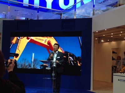Hyundai President S.M. Yoon tells press attendees at ConExpo-Con/Agg about the company’s upcoming Tier 4 Final models.