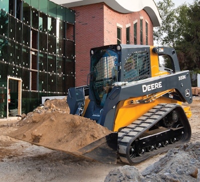 The E-Series compact track loaders offer 25 percent more foot room than previous models. Low-effort electric-hydraulic controls on the 333E are available for ISO, H and foot control patterns; an option allows you to switch between all three control patterns. Powered by a 3.3-liter diesel, the large-frame model has up to 10 percent more horsepower than the previous D-Series models.