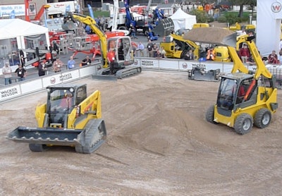 The SW 28 skid steer and ST 35 compact track loader during a demo at ConExpo in Las Vegas in March.