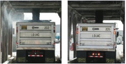 Left, hot-mix asphalt (HMA) produced at 320 degrees Fahrenheit produces fumes, while warm-mix asphalt (WMA) at 250 degrees Fahrenheit (right) does not.