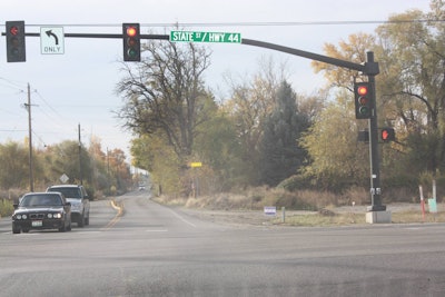 Traffic crosses the improved intersection of Idaho 44/Linder Road. (Photo courtesy of ITD)