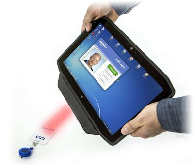 The SlateMate adds barcode scanning and RFID reading functionality to the R12.