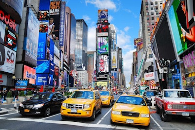 A densely populated area like New York City lends itself to traffic control devices like traditional right-angle intersections.