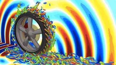 This 3D simulation shows the airflow field around the tire and the resulting sounds it creates as it travels over the road.