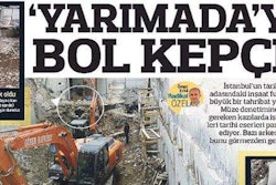 A photo from Turkish newspaper the Radikal, reportedly shows the wall of an ancient building being destroyed by an excavator.