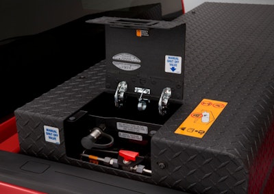 The CNG fuel tank on the 2015 Chevrolet Silverado 2500HD bi-fuel CNG has a capacity of 17 GGE.