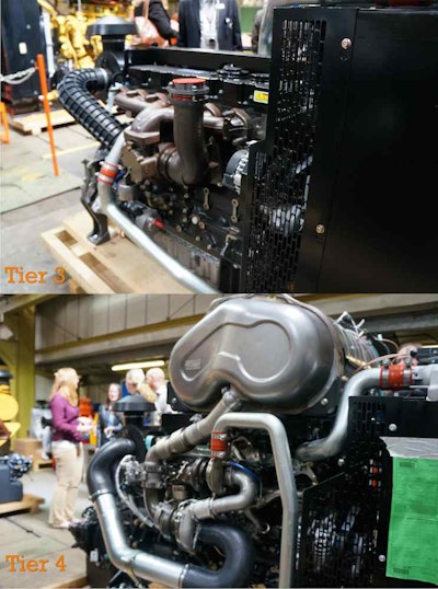 Perkins’ Tier 3 and Tier 4 Final engines sitting side by side at the Godwin plant illustrate the tremendous amount of real estate Tier 4 Final aftertreatment packages involve.