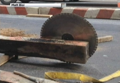 The circular saw blade that hit a woman in New York City after it came to a rest. Credit: Matt Bisi via NBC New York