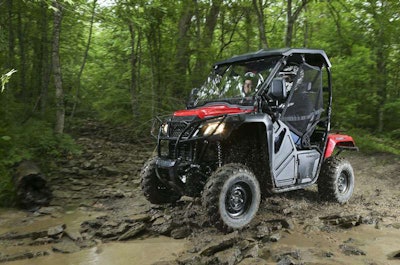 Honda’s 2015 Pioneer 500 has 9.6″ of ground clearance, four-wheel-drive, an electric 5-speed with paddle-shifters, and a 1,000-lb. towing capacity.