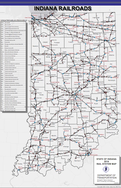 This map shows the rail system in the state of Indiana in 2014. Click image to view larger version. (Photo credit: Indiana Department of Transportation)
