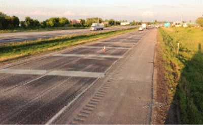 Here’s a view of skewed full-depth repairs after removal of the microsurfacing and 6 feet of diamond grinding.