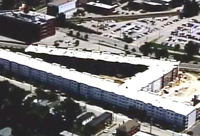 An overhead view of The Grove in Louisville where a construction worker died after falling down an elevator shaft. Credit: WLKY TV