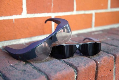 A prototype (left) of Atheer’s safety glasses that would implemented augmented reality technology when paired with a special hard hat.