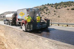 In Washoe County, Nevada, FiberMat crack-resistant, stress-absorbing membrane puts a network of fiberglass strands between two layers of polymer modified emulsion – all placed simultaneously – then topped with a layer of chips which is compacted with pneumatic rollers.