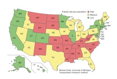 Fatality rates per population across the United States.