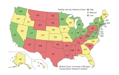 Fatality rates per distance driven across the United States.