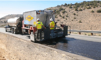 In Washoe County, Nevada, FiberMat crack-resistant, stress-absorbing membrane puts a network of fiberglass strands between two layers of polymer modified emulsion – all placed simultaneously – then topped with a layer of chips which is compacted with pneumatic rollers.