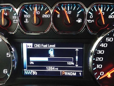 GM uses a bar graph and percentage readout to provide CNG fuel tank data.