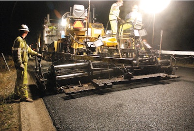 Thin overlay of warm-mix asphalt containing terminal blend asphalt rubber and Evotherm warm mix additive is placed on Calif. 1, the Pacific Coast Highway, near Fort Bragg two hours after loadout.