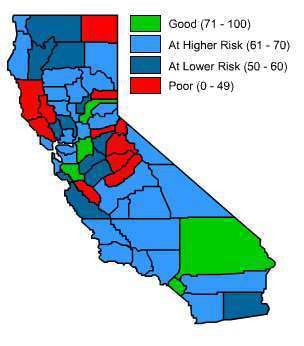 This graphic shows the road conditions of all 58 counties in California.