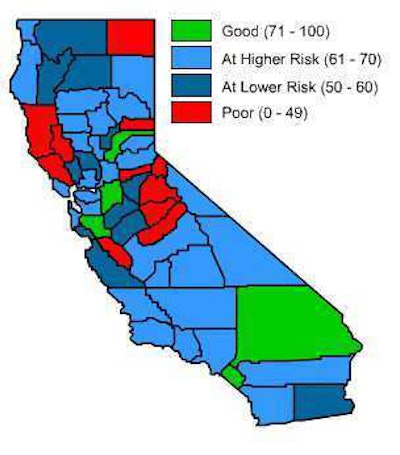 This graphic shows the road conditions of all 58 counties in California.