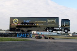 Semi truck jumps over F1 car
