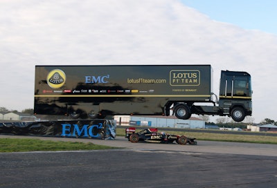 Semi truck jumps over F1 car