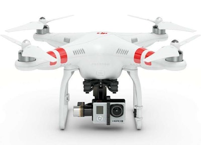A DJI Phantom 2 drone equipped with a GoPro Hero 3 camera. Recently, DJI began selling its drones with its own in-house camera instead of the GoPro.