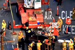 A still from CBS Los Angeles footage of a construction worker in San Gabriel being rescued after a fall into a 40-foot trench.