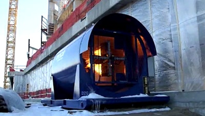 In this still from a Star-Tribune video, one of the massive heaters from the construction site of the new Minnesota Vikings football stadium is seen.