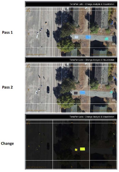 Change detection example from repeat pass images from a multi-temporal color digital camera (Pass 1 & 2) with automated change detection results in yellow. Courtesy: University of New Mexico