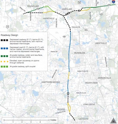A roadway design map of the Illinois Route 53/120 project.