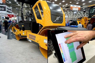 A Volvo CE DD110B roller equipped with the company’s new Density Direct Intelligent Compaction system, seen in the inset.
