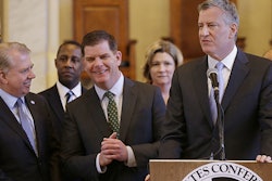 New York City mayor Bill de Blasio addresses the media at the USCM’s Cities of Opportunities Task Force in Boston. Credit: Associated Press