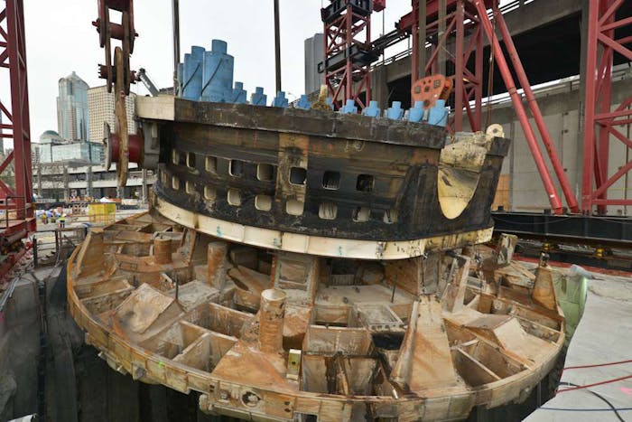 Big Bertha’s cutterhead lifted to the surface