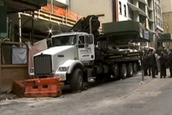 The failed truck crane that killed a worker in Manhattan on Friday is seen in a still from footage shot by NBC New York.