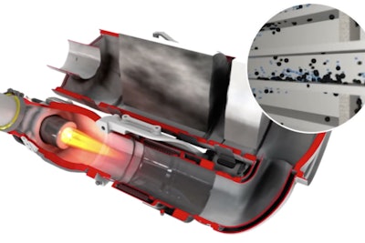 A Perkins diagram of a diesel particulate filter in action. The company says a new filter for smaller particles, possibly required in upcoming “Tier 5” regulations, may replace the DPF now used on many larger machines.