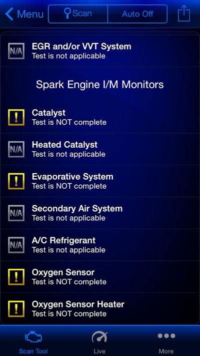 Screenshot of BlueDriver bing used on an iPhone6 shows just a small portion of the scans it does.