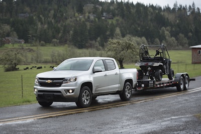 Colorados have a maximum tow rating of 7,000 pounds when equipped with the trailering package. Our test truck’s Landoll LT1220 trailer and Honda side-by-side combo weighed 4,800 pounds.