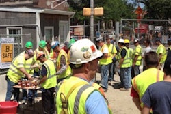 Workers at a Boston jobsite where B-SAFE has been implemented gather for one of the program’s safety talks.
