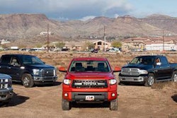 The competitors at the ready: Ford, Ram, GMC, Chevrolet and Toyota crew cab 4×4 V8s.