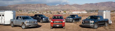 The competitors at the ready: Ford, Ram, GMC, Chevrolet and Toyota crew cab 4×4 V8s.