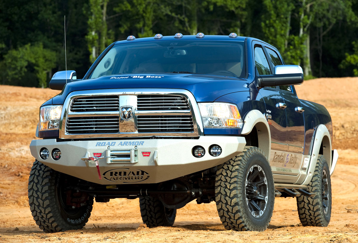 12,000-pound capacity Warn winch nestles nicely in Road Armor bumper on our 2010 Ram 2500 4x4.