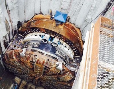 Bertha, the world’s largest tunnel boring machine undergoes repairs via a 120-feet-deep access pit in 2015. Credit: WSDOT Flickr