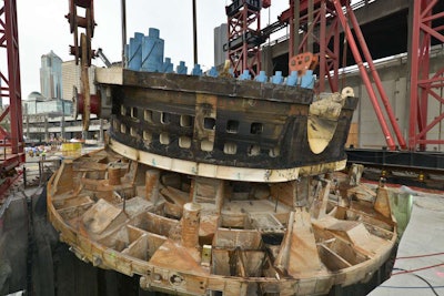 Bertha’s front end, which weighs 2,000 tons, is pulled to the surface. Credit: WSDOT Flickr