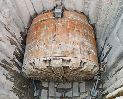 In March, Bertha chewed through the pit wall and parked to be prepared for repair. Credit: WSDOT Flickr